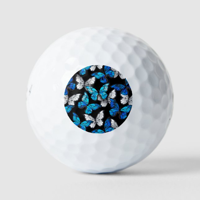 Dark Seamless Pattern with Blue Butterflies Morpho Golf Balls (Front)