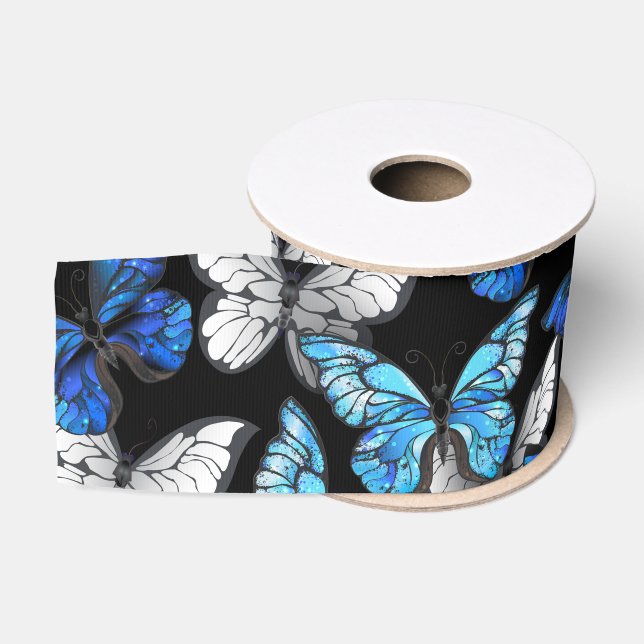 Dark Seamless Pattern with Blue Butterflies Morpho Grosgrain Ribbon (Spool)