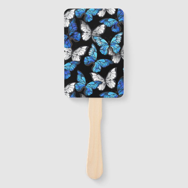 Dark Seamless Pattern with Blue Butterflies Morpho Hand Fan (Front)