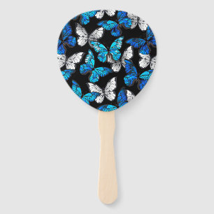 Dark Seamless Pattern with Blue Butterflies Morpho Hand Fan