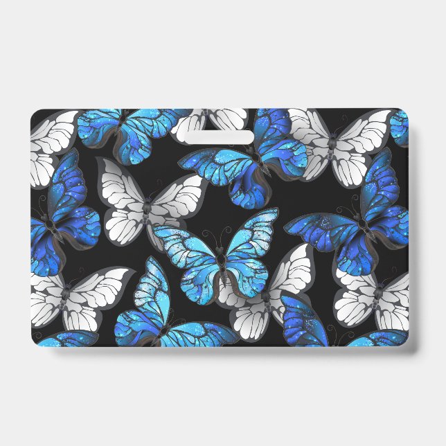 Dark Seamless Pattern with Blue Butterflies Morpho ID Badge (Front)
