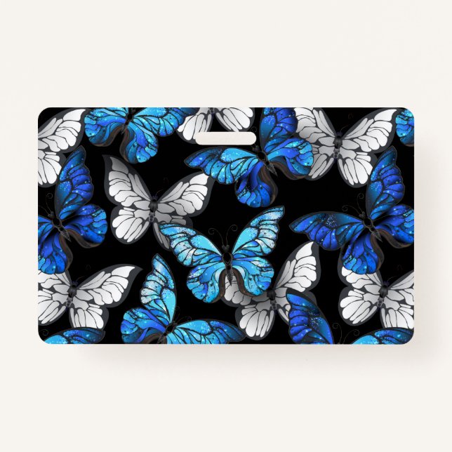 Dark Seamless Pattern with Blue Butterflies Morpho ID Badge (Front)
