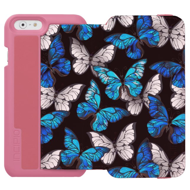 Dark Seamless Pattern with Blue Butterflies Morpho Incipio iPhone Wallet Case (Folio Open)