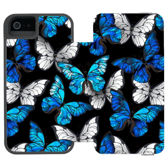 Dark Seamless Pattern with Blue Butterflies Morpho Incipio iPhone Wallet Case (Folio Open)