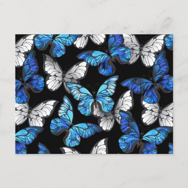 Dark Seamless Pattern with Blue Butterflies Morpho Invitation Postcard (Front)