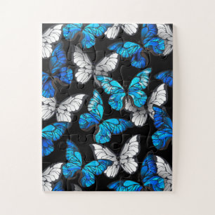 Dark Seamless Pattern with Blue Butterflies Morpho Jigsaw Puzzle