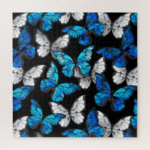 Dark Seamless Pattern with Blue Butterflies Morpho Jigsaw Puzzle