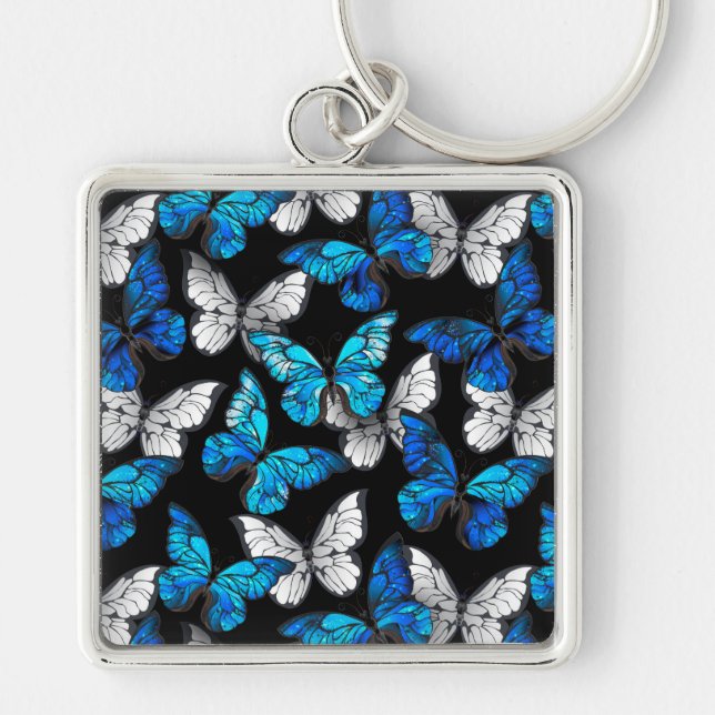 Dark Seamless Pattern with Blue Butterflies Morpho Key Ring (Front)