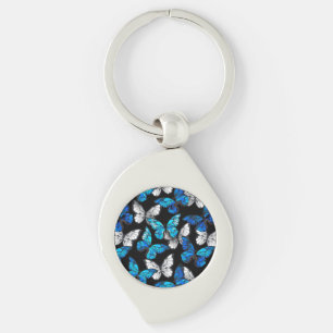 Dark Seamless Pattern with Blue Butterflies Morpho Key Ring