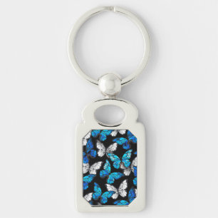 Dark Seamless Pattern with Blue Butterflies Morpho Key Ring