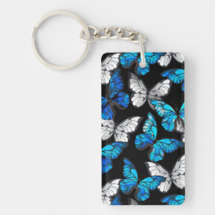 Dark Seamless Pattern with Blue Butterflies Morpho Key Ring