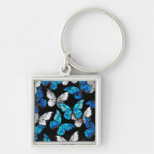 Dark Seamless Pattern with Blue Butterflies Morpho Key Ring