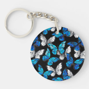 Dark Seamless Pattern with Blue Butterflies Morpho Key Ring