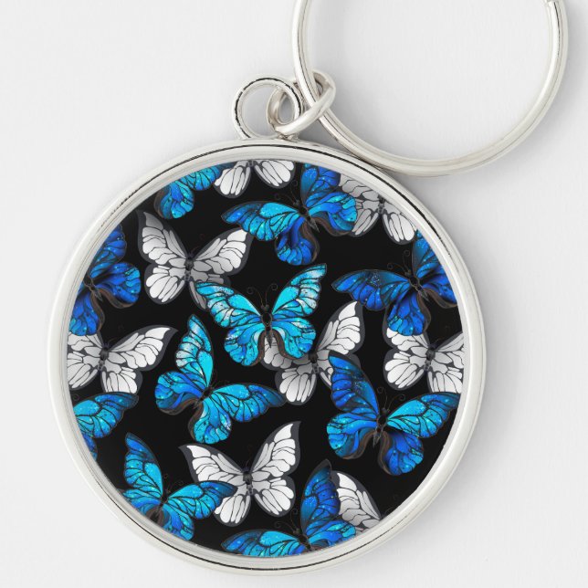 Dark Seamless Pattern with Blue Butterflies Morpho Key Ring (Front)