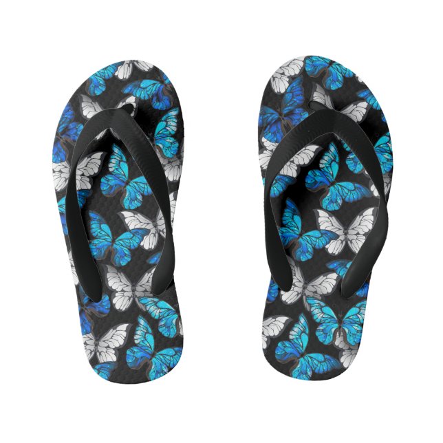 Dark Seamless Pattern with Blue Butterflies Morpho Kid's Thongs (Footbed)
