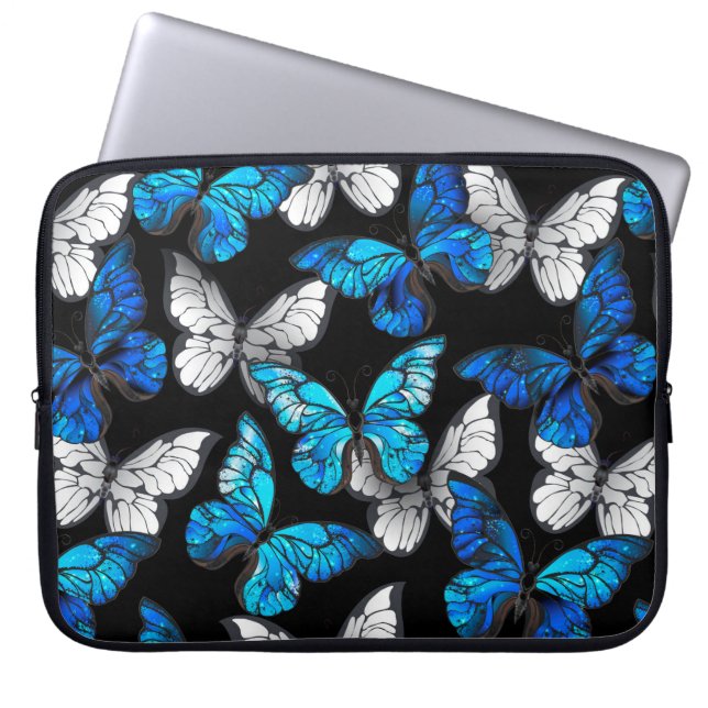 Dark Seamless Pattern with Blue Butterflies Morpho Laptop Sleeve (Front)