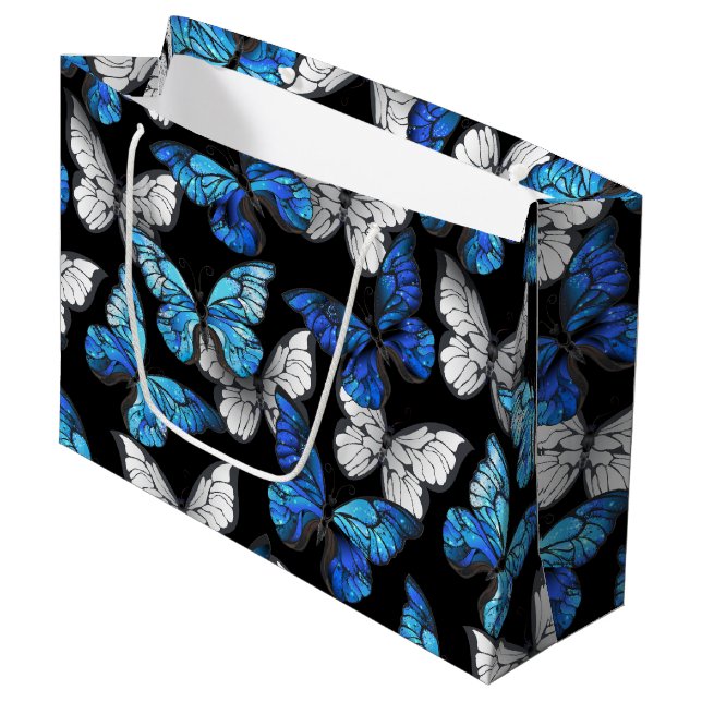 Dark Seamless Pattern with Blue Butterflies Morpho Large Gift Bag (Front Angled)