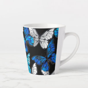Dark Seamless Pattern with Blue Butterflies Morpho Latte Mug