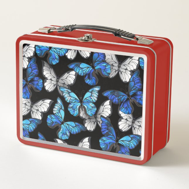 Dark Seamless Pattern with Blue Butterflies Morpho Metal Lunch Box (Front)