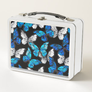 Dark Seamless Pattern with Blue Butterflies Morpho Metal Lunch Box