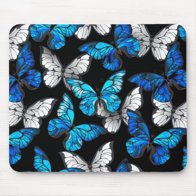 Dark Seamless Pattern with Blue Butterflies Morpho Mouse Pad (Front)