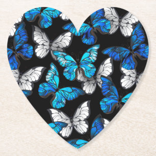 Dark Seamless Pattern with Blue Butterflies Morpho Paper Coaster