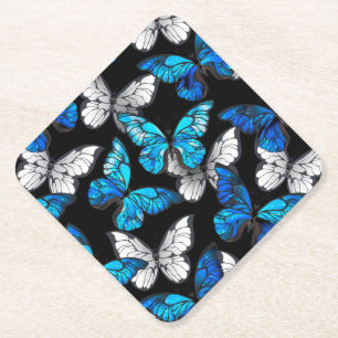 Dark Seamless Pattern with Blue Butterflies Morpho Paper Coaster