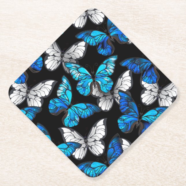 Dark Seamless Pattern with Blue Butterflies Morpho Paper Coaster (Front)