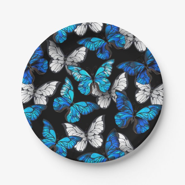 Dark Seamless Pattern with Blue Butterflies Morpho Paper Plate (Front)