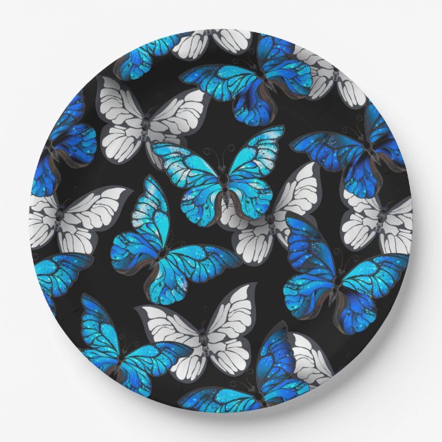 Dark Seamless Pattern with Blue Butterflies Morpho Paper Plate (Front)