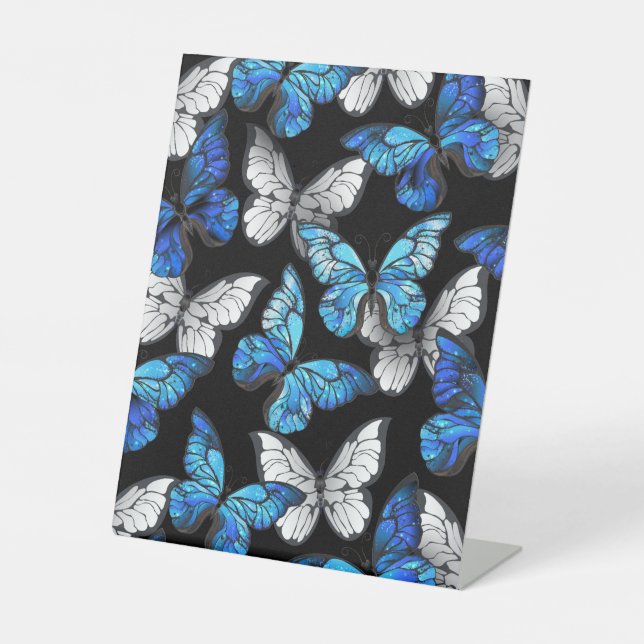 Dark Seamless Pattern with Blue Butterflies Morpho Pedestal Sign (Front)