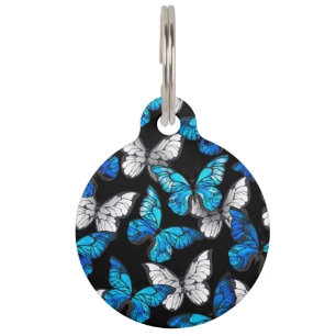 Dark Seamless Pattern with Blue Butterflies Morpho Pet Tag