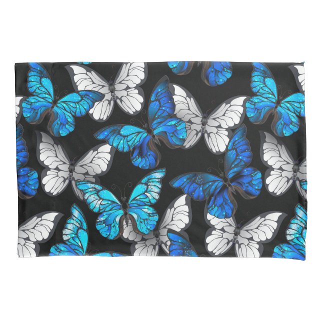 Dark Seamless Pattern with Blue Butterflies Morpho Pillowcase (Front-Left)