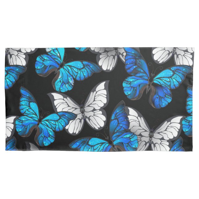 Dark Seamless Pattern with Blue Butterflies Morpho Pillowcase (Front)