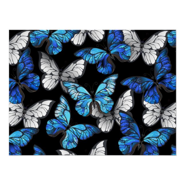 Dark Seamless Pattern with Blue Butterflies Morpho Poster (Front)