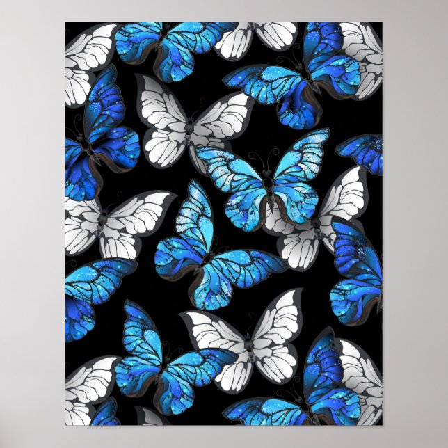Dark Seamless Pattern with Blue Butterflies Morpho Poster (Front)