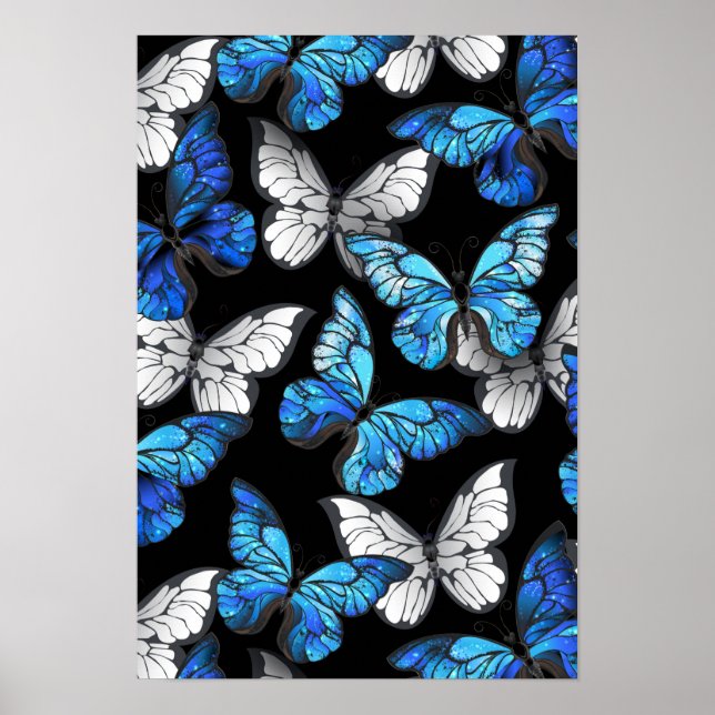 Dark Seamless Pattern with Blue Butterflies Morpho Poster (Front)