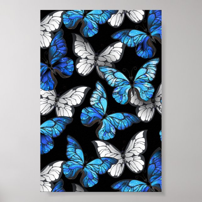 Dark Seamless Pattern with Blue Butterflies Morpho Poster (Front)