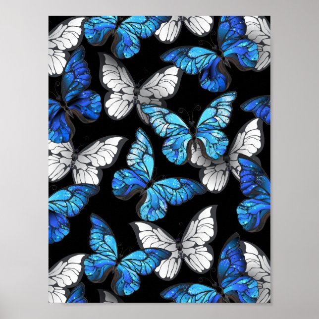 Dark Seamless Pattern with Blue Butterflies Morpho Poster (Front)