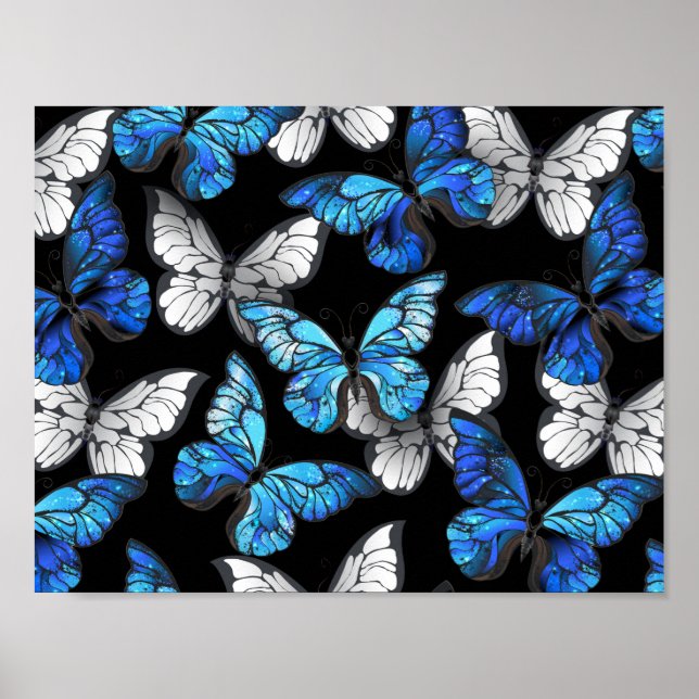 Dark Seamless Pattern with Blue Butterflies Morpho Poster (Front)