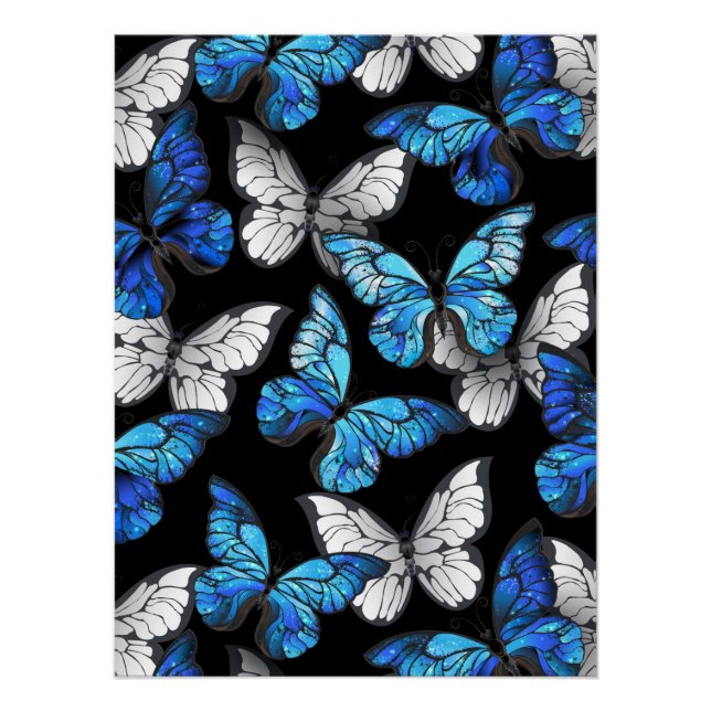 Dark Seamless Pattern with Blue Butterflies Morpho Poster (Front)