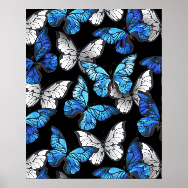 Dark Seamless Pattern with Blue Butterflies Morpho Poster (Front)