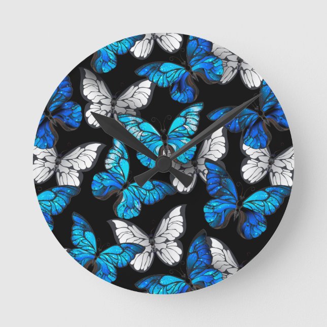 Dark Seamless Pattern with Blue Butterflies Morpho Round Clock (Front)
