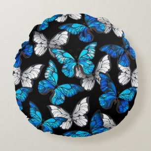 Dark Seamless Pattern with Blue Butterflies Morpho Round Cushion