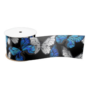 Dark Seamless Pattern with Blue Butterflies Morpho Satin Ribbon