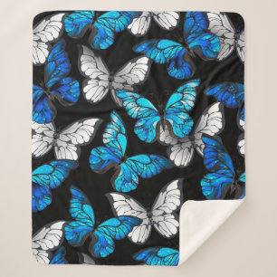 Dark Seamless Pattern with Blue Butterflies Morpho Sherpa Blanket
