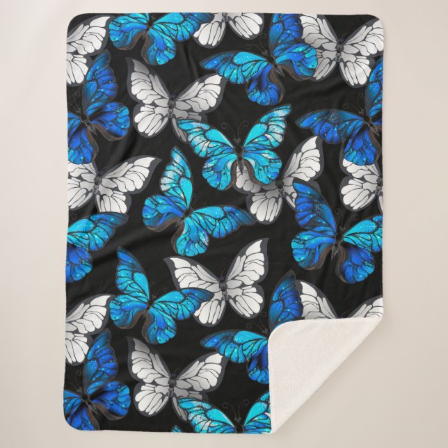Dark Seamless Pattern with Blue Butterflies Morpho Sherpa Blanket (Front)