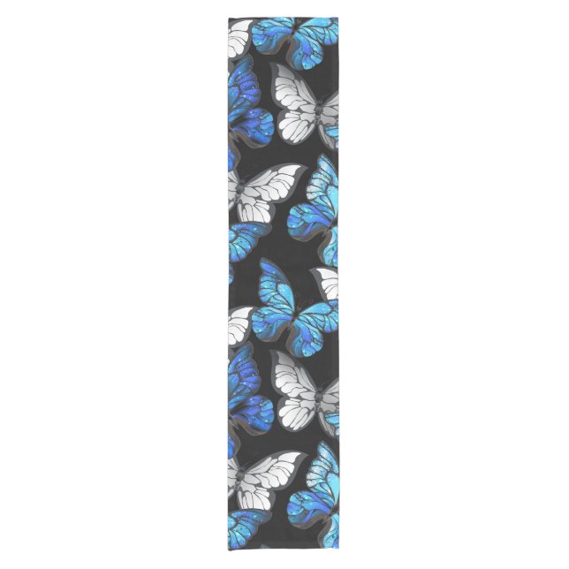 Dark Seamless Pattern with Blue Butterflies Morpho Short Table Runner (Front)