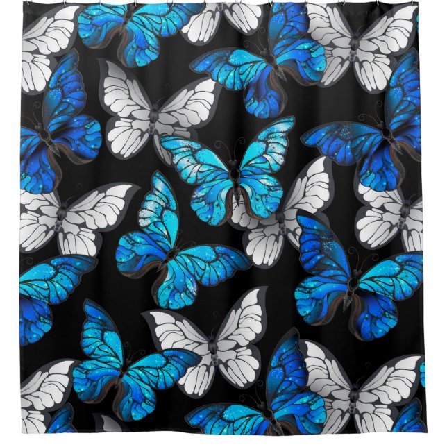 Dark Seamless Pattern with Blue Butterflies Morpho Shower Curtain (Front)