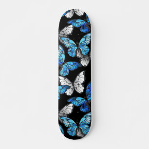 Dark Seamless Pattern with Blue Butterflies Morpho Skateboard
